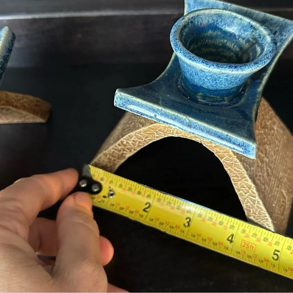 Candlestick Holders 2 Glazed Crafted For Tapers Blue Brown Artisy MCM Signed AG